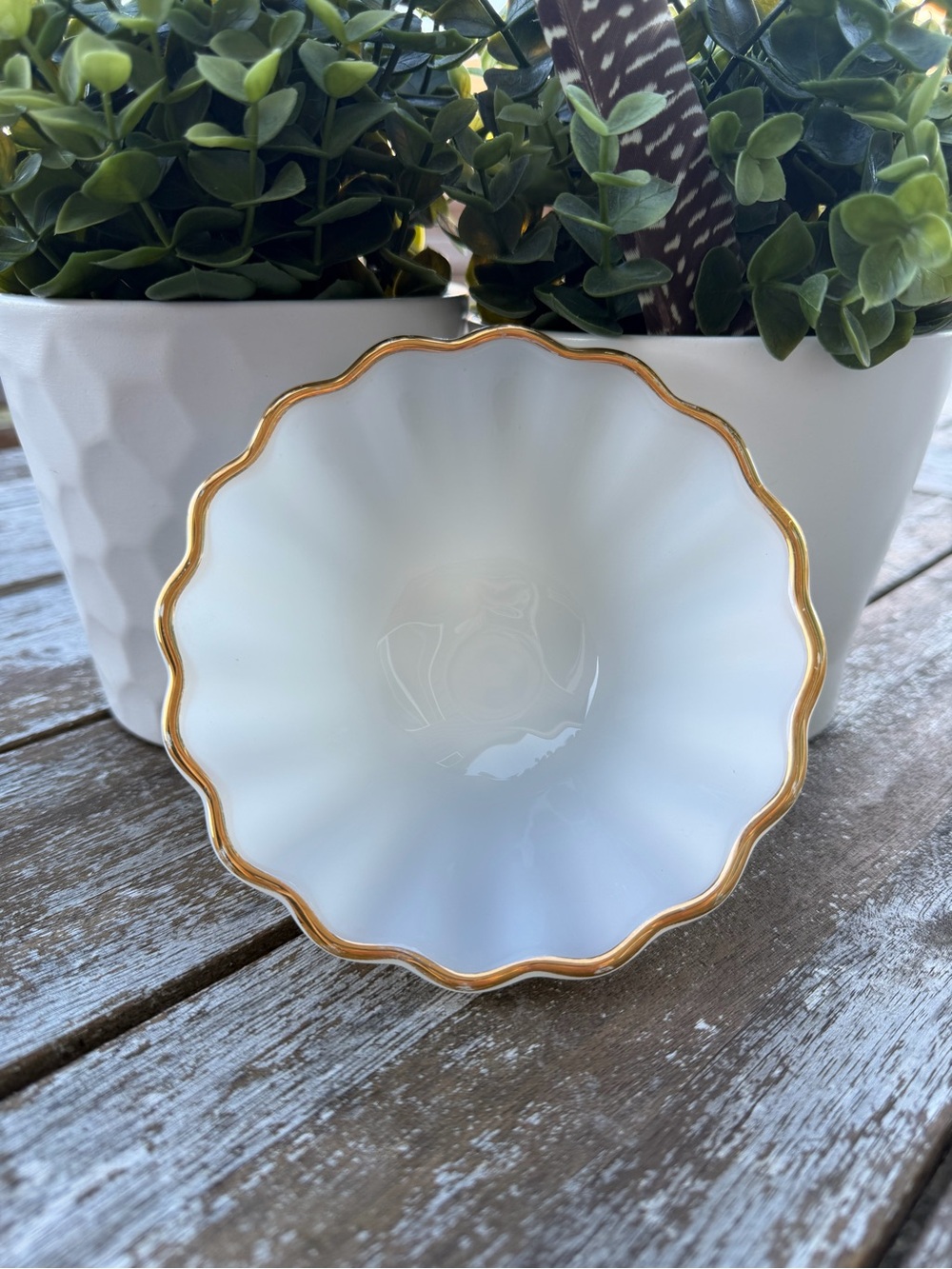 Vintage Milk Glass Scalloped Bowl Gold Trim
